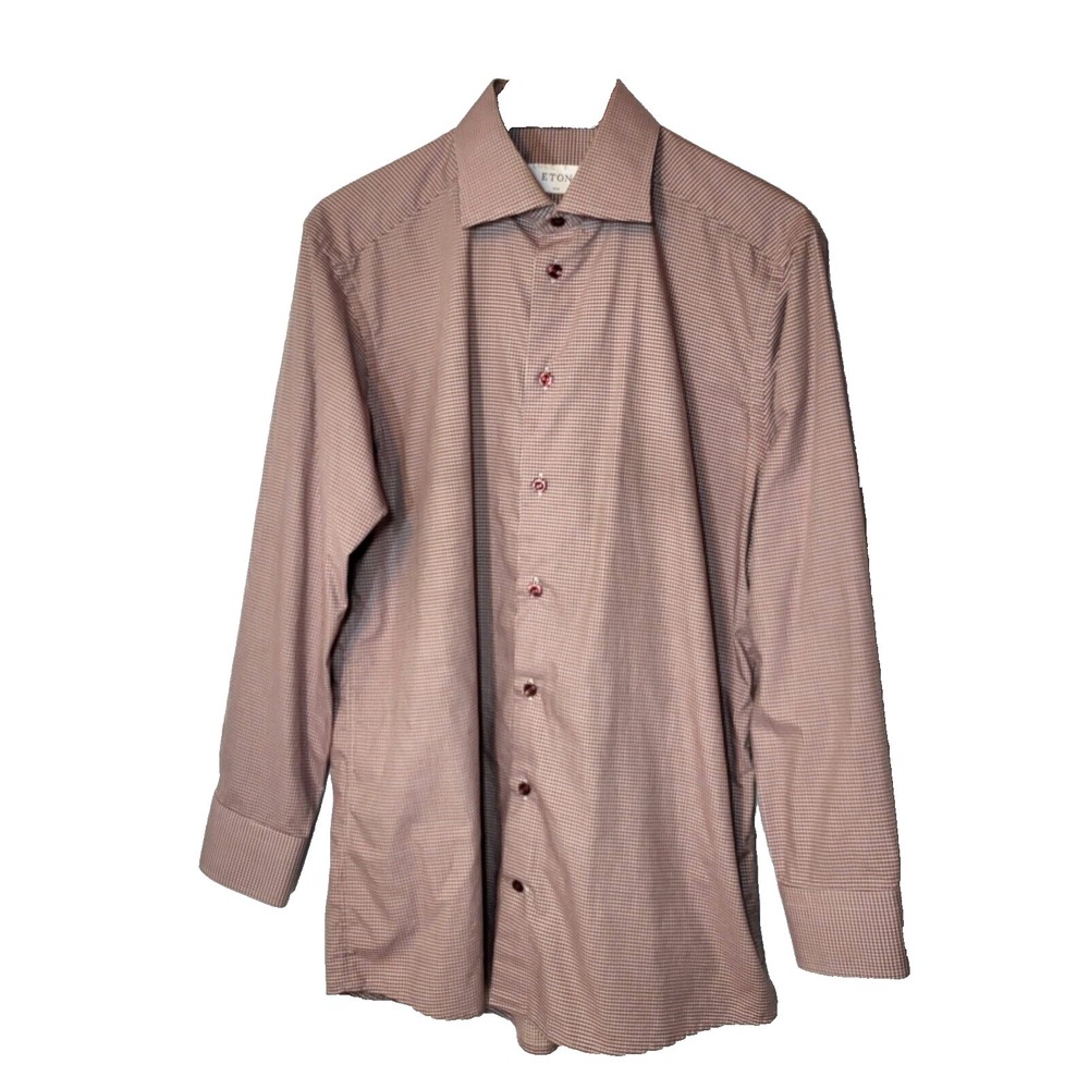 Eton Slim Wine Cream Micro Check Button Up Shirt Long Sleeve Cotton 16‎ 1/2  42